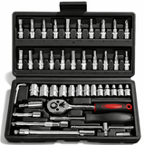 46-piece socket set with ratchet, bits, and sockets in a sturdy black case with a red-black handle.
