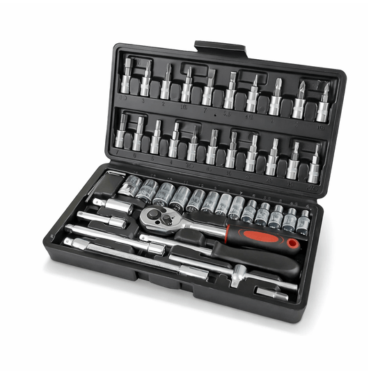 46-piece socket set with ratchet and bits in a black storage case, ideal for precision work and DIY projects.