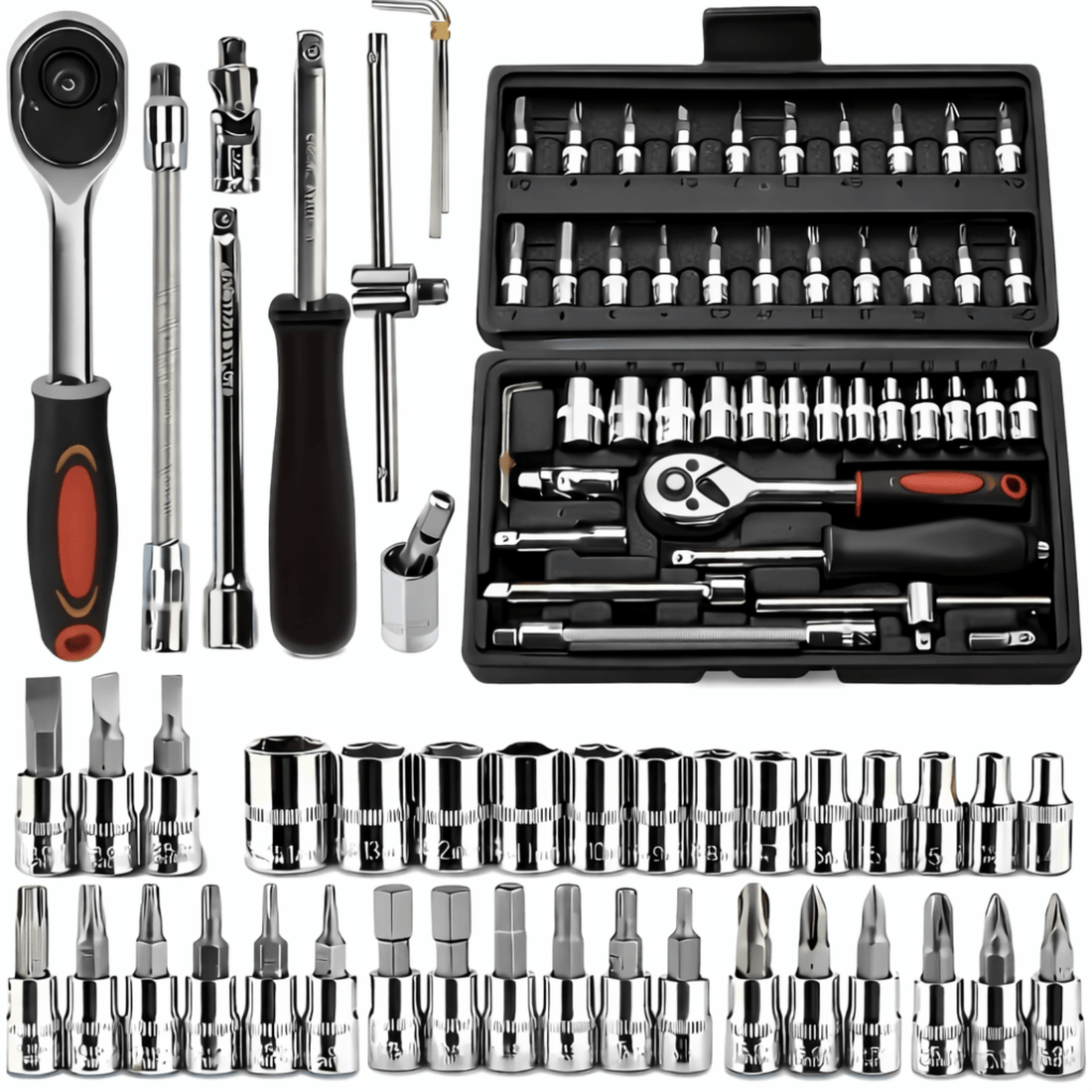 Comprehensive socket set with ratchet, extensions, and bits, ideal for precision tasks and maintenance.