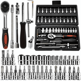 Comprehensive socket set with ratchet, extensions, and bits, ideal for precision tasks and maintenance.