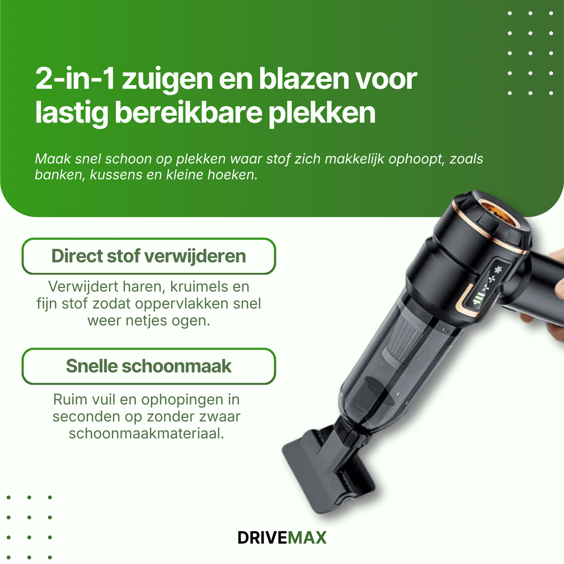 Cordless handheld vacuum with 2-in-1 vacuum and blower function for quick cleaning of dust, crumbs, and hard-to-reach areas.
