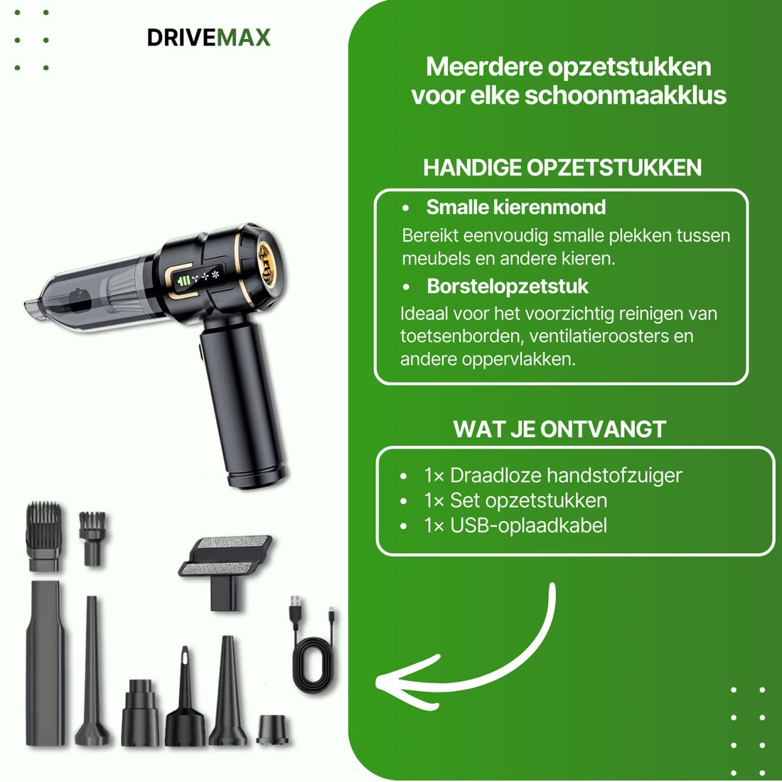 Cordless handheld vacuum cleaner with multiple cleaning attachments including brush and narrow nozzle for versatile home and car cleaning.
