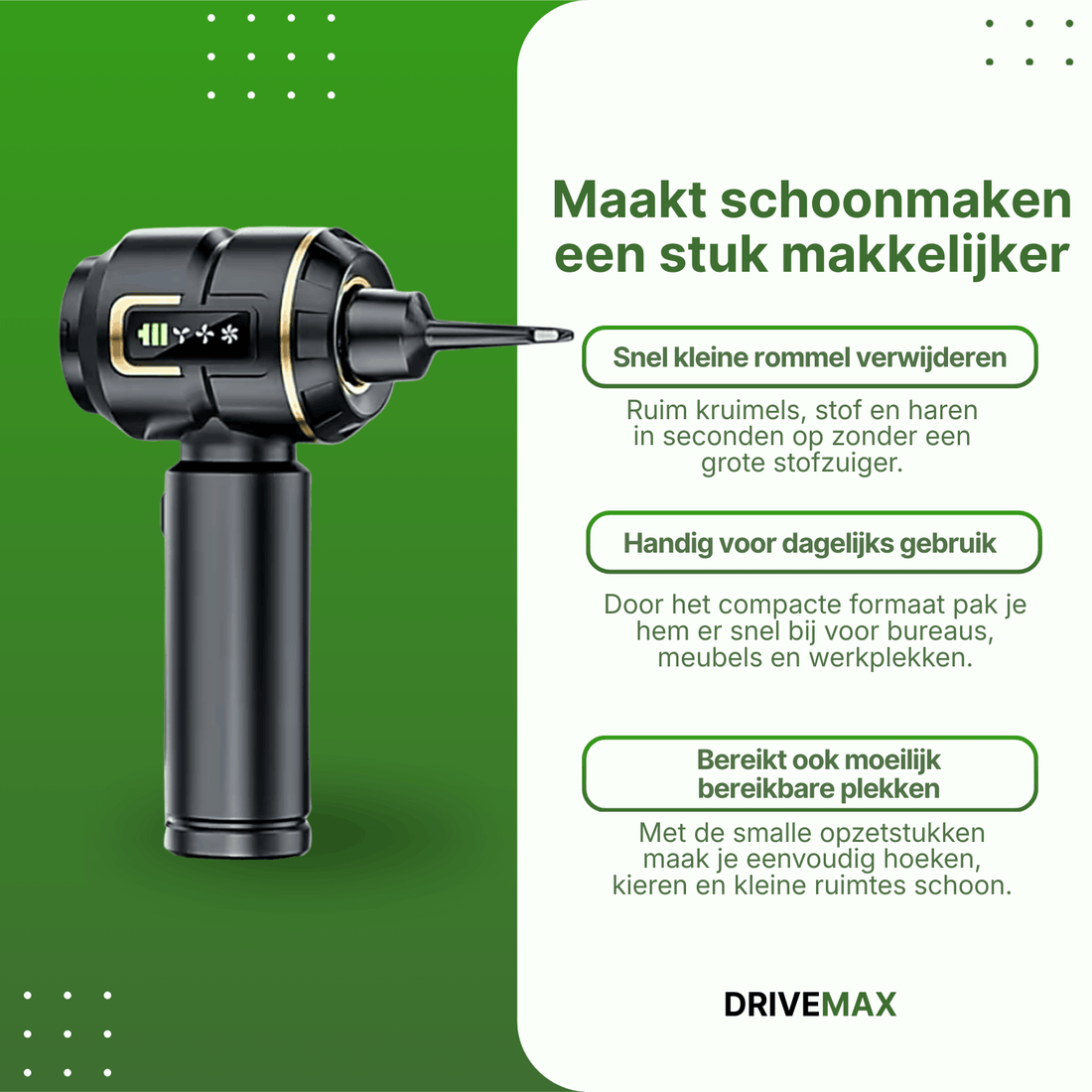 Cordless handheld vacuum with narrow nozzle attachment designed for quick cleaning of crumbs, dust, and tight spaces.