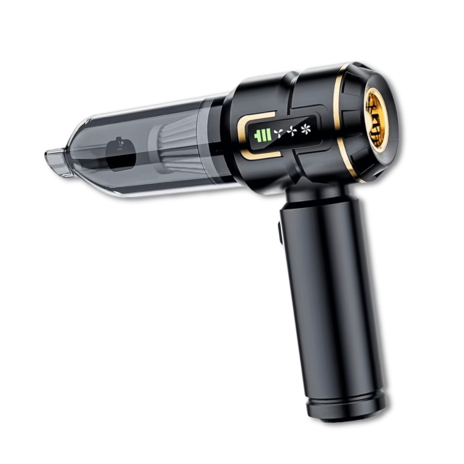 Compact cordless handheld vacuum cleaner with transparent dust container and ergonomic grip for quick cleaning.