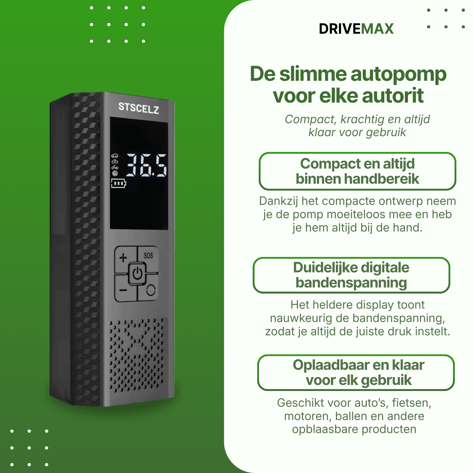Portable black air compressor with digital display shown beside feature list on green background.