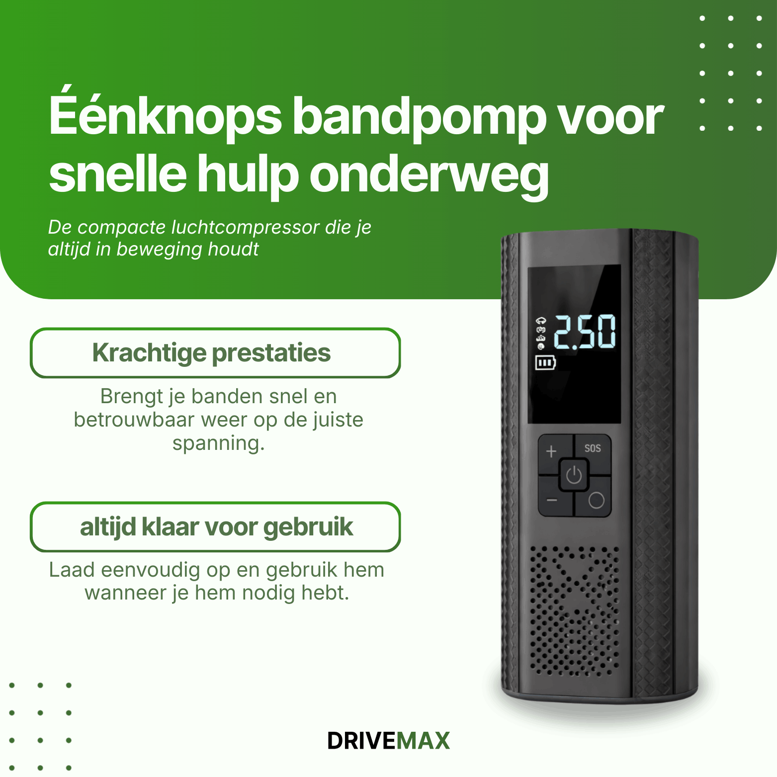 Portable black air compressor with digital display shown next to one button tire pump promotional text on green background.