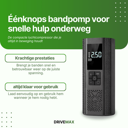 Portable black air compressor with digital display shown next to one button tire pump promotional text on green background.