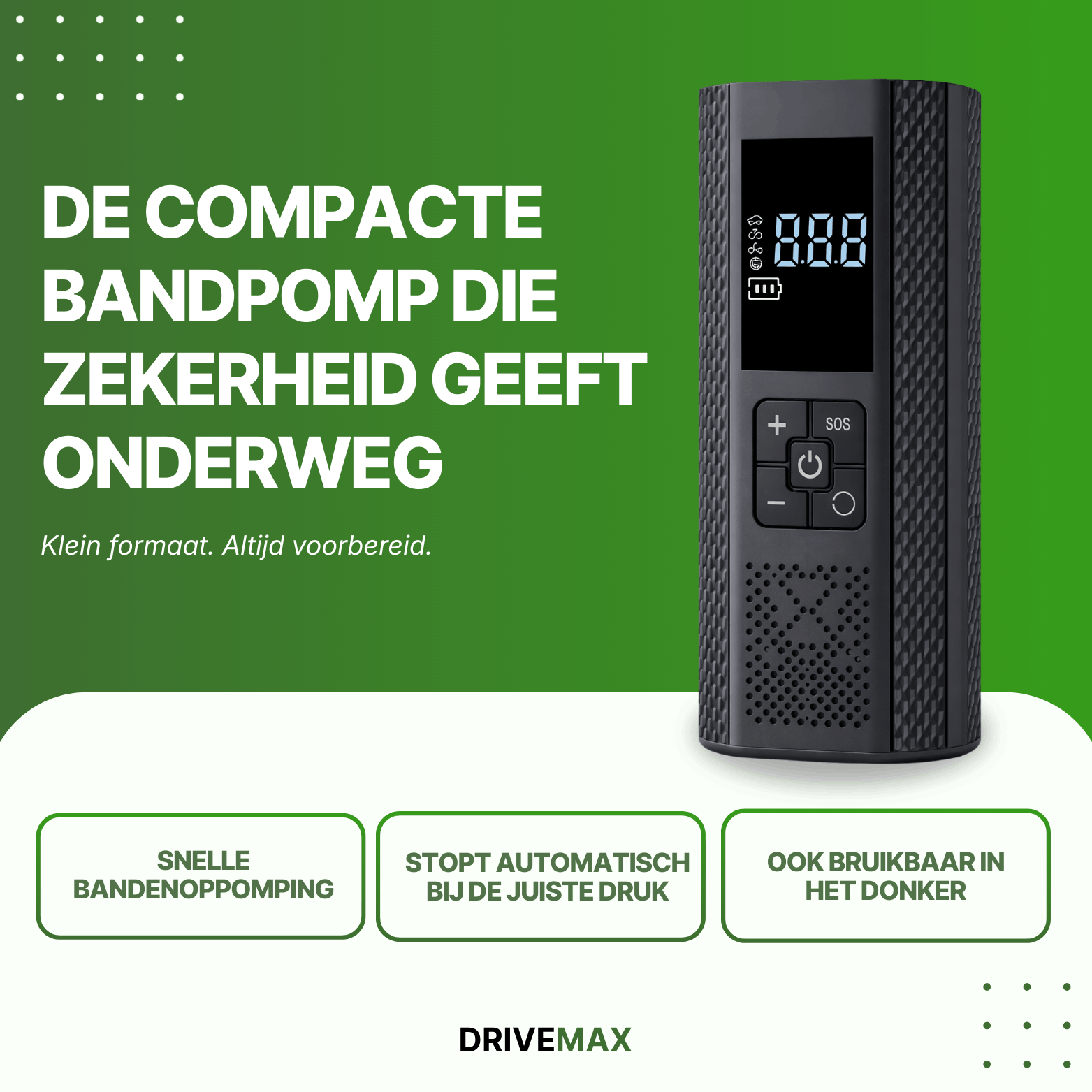 Portable black air compressor with digital display shown on green promotional background with compact tire pump text.