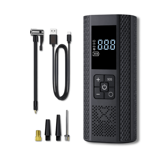 Portable black air compressor with digital display, hose, USB cable and inflation nozzles.