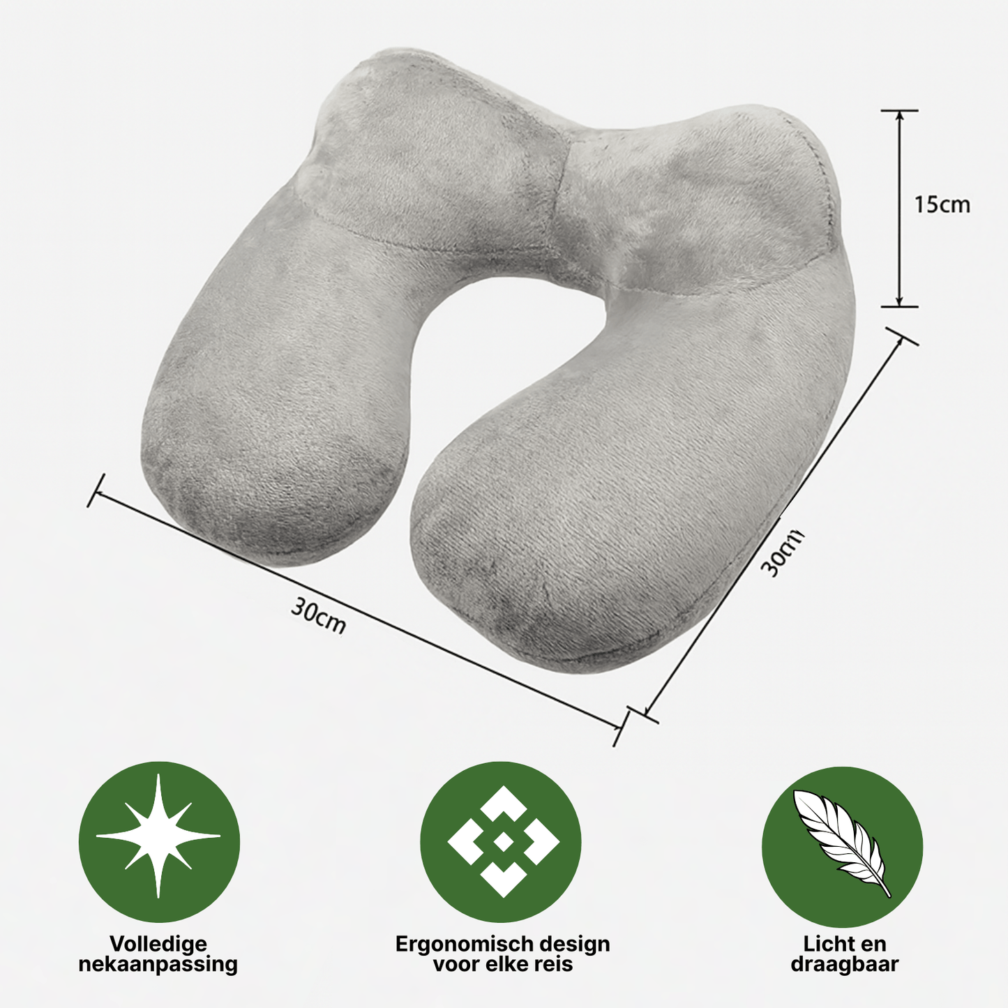 Grijs DreamRest™ nekkussen met afmetingen en iconen die ergonomie en draagbaarheid benadrukken.
