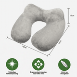 Gray DreamRest™ neck pillow with dimensions and icons emphasizing ergonomics and portability.