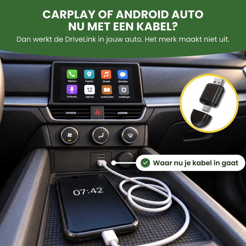 Phone connected by cable below the dashboard screen: DriveLink works in cars with wired CarPlay or Android Auto