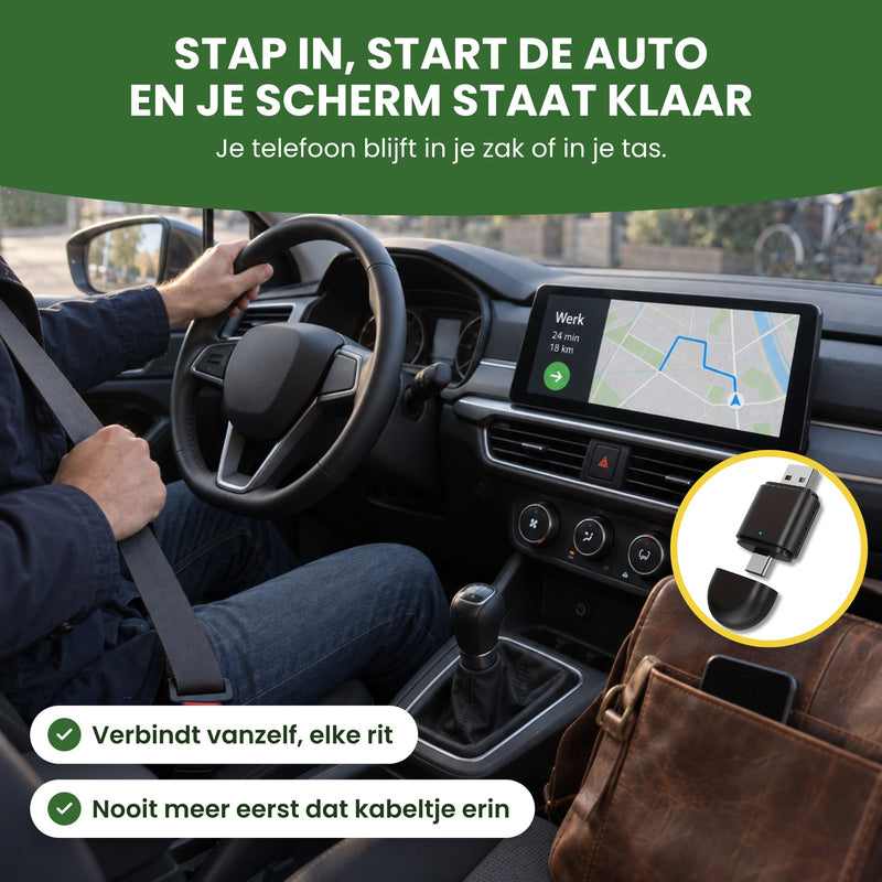 Driver buckling up in a parked car, phone in his bag, route on the car’s screen: get in, start the car, and your screen’s ready