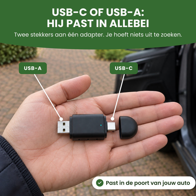 DriveLink on an open palm, USB-A plug on the left, USB-C plug on the right and the cap beside it: it fits both