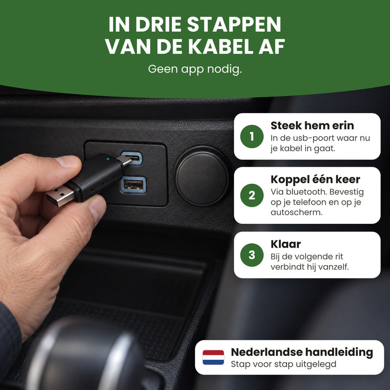Hand plugging DriveLink into a car’s USB port, with three setup steps and an English manual label: ditch the cable in three steps