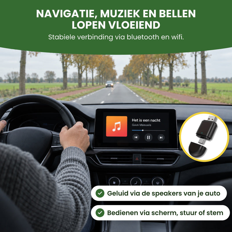 Dashboard music player during a drive on a tree-lined road, both hands on the wheel: smooth navigation, music and calls