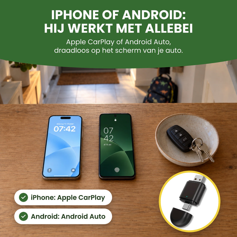 An iPhone and an Android phone side by side on a hallway table, car key next to them: DriveLink works with both