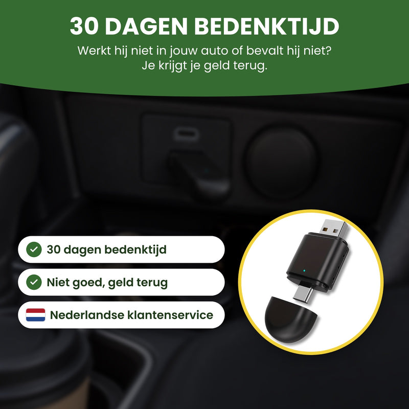 DriveLink CarPlay adapter in a circle: 30-day returns, money back if you’re not happy, English-speaking support