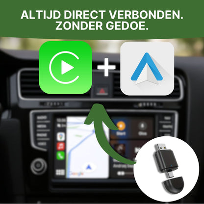 DriveLink adapter gekoppeld aan Apple CarPlay en Android Auto op dashboard van auto met navigatiescherm