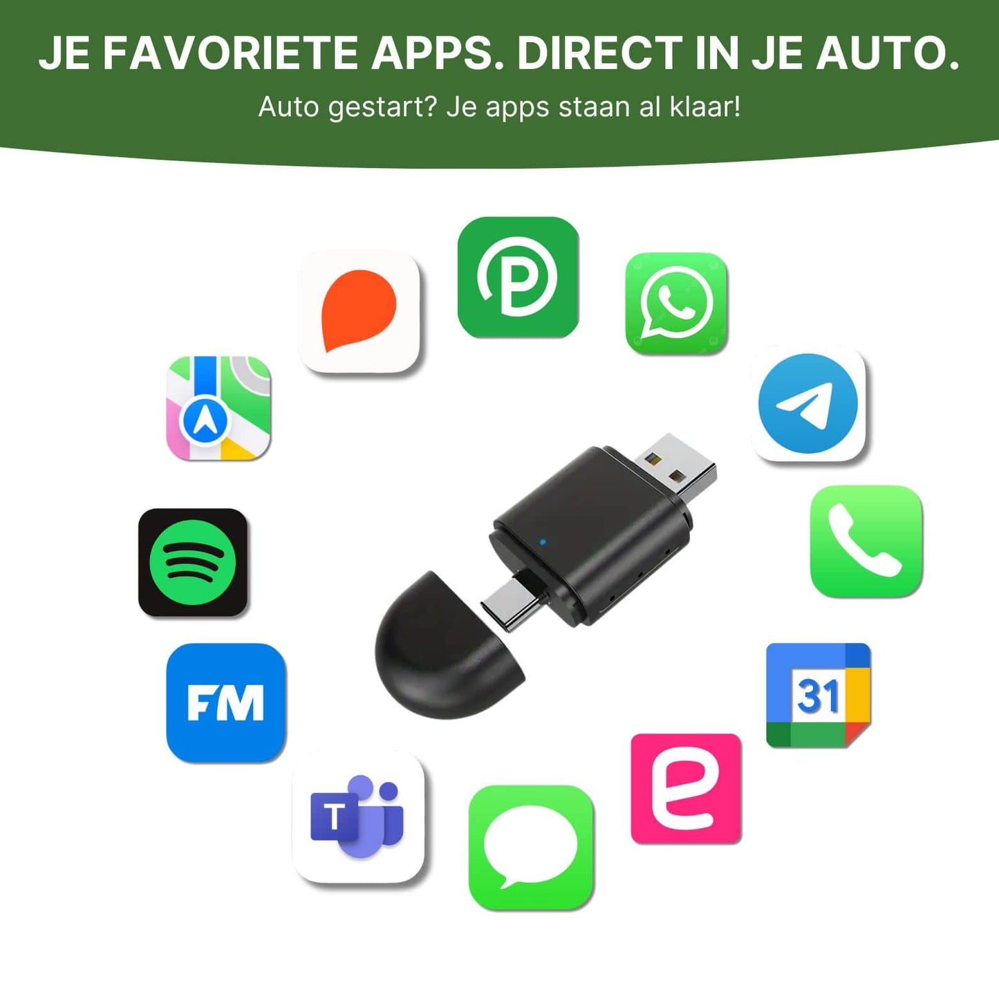 DriveLink USB-adapter omringd door app-iconen zoals Spotify, WhatsApp en Google Maps voor gebruik in de auto