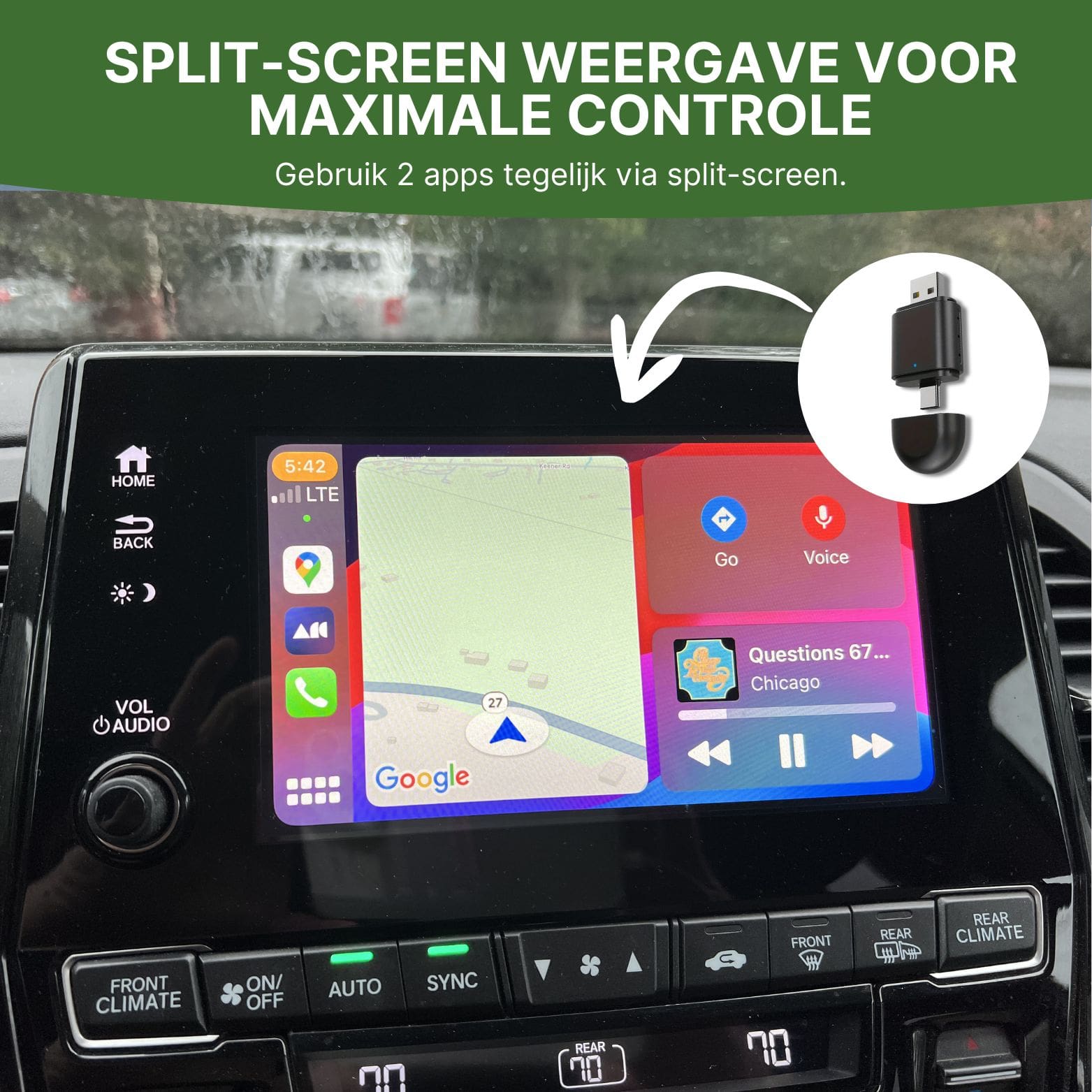 DriveLink adapter verbonden met auto display met split-screen weergave van navigatie en muziekapps