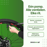 Hand using a black DriveMax bicycle pump on a mountain bike tire against a green background.