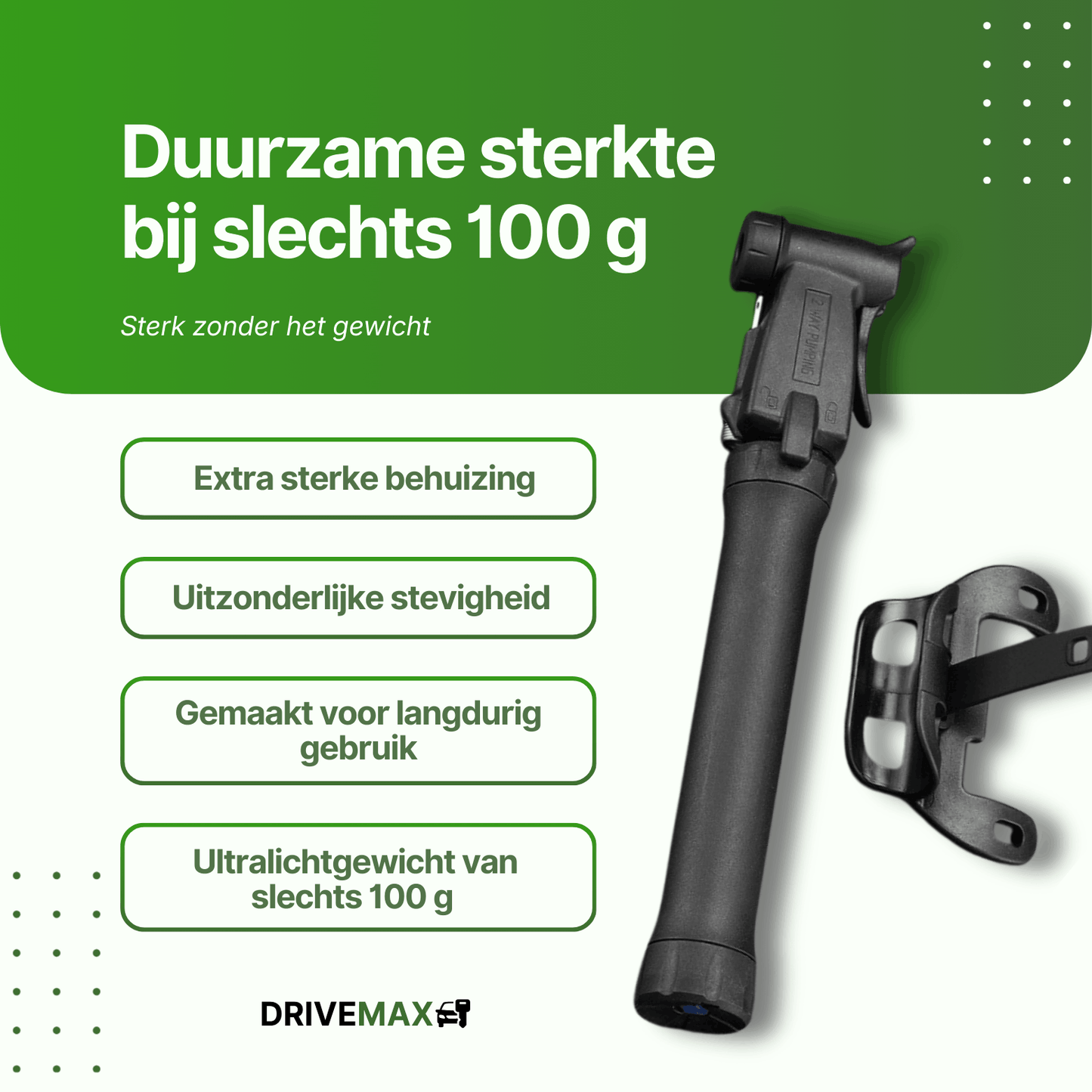 Black DriveMax bicycle pump shown at an angle next to a black mounting bracket on a white background.