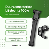 Black DriveMax bicycle pump shown at an angle next to a black mounting bracket on a white background.