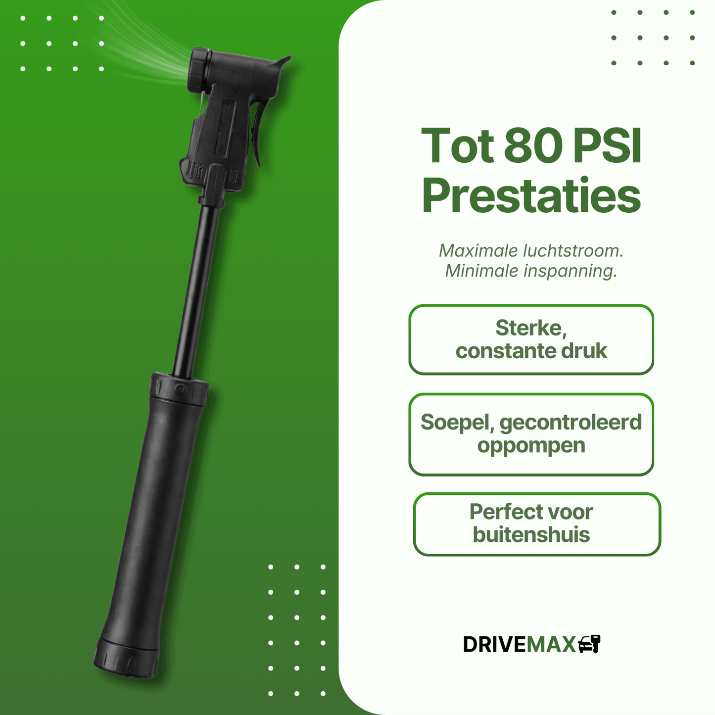 Black DriveMax bicycle pump in extended position with visible airflow on green background.