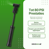Black DriveMax bicycle pump in extended position with visible airflow on green background.