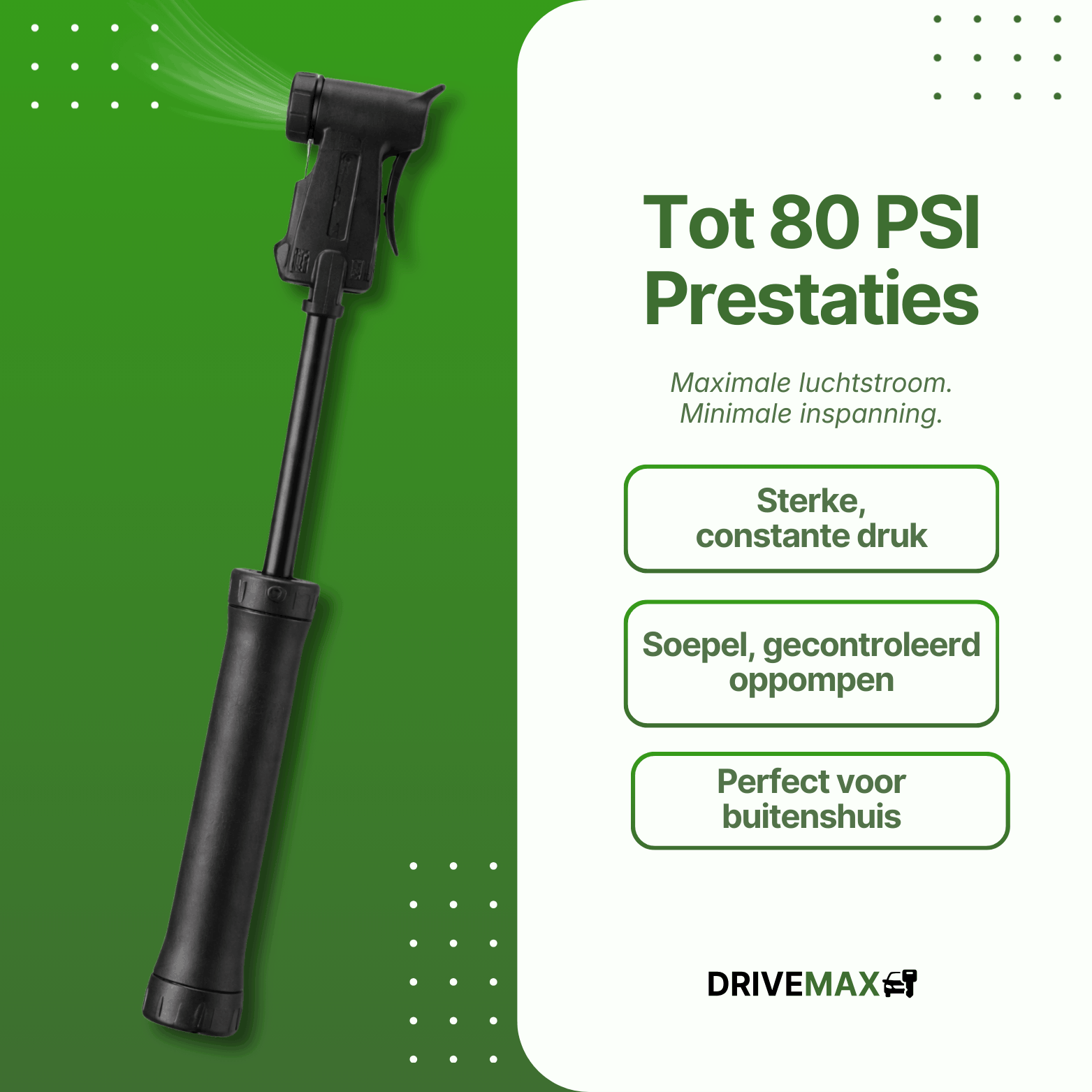 Black DriveMax bicycle pump in extended position with visible airflow on green background.