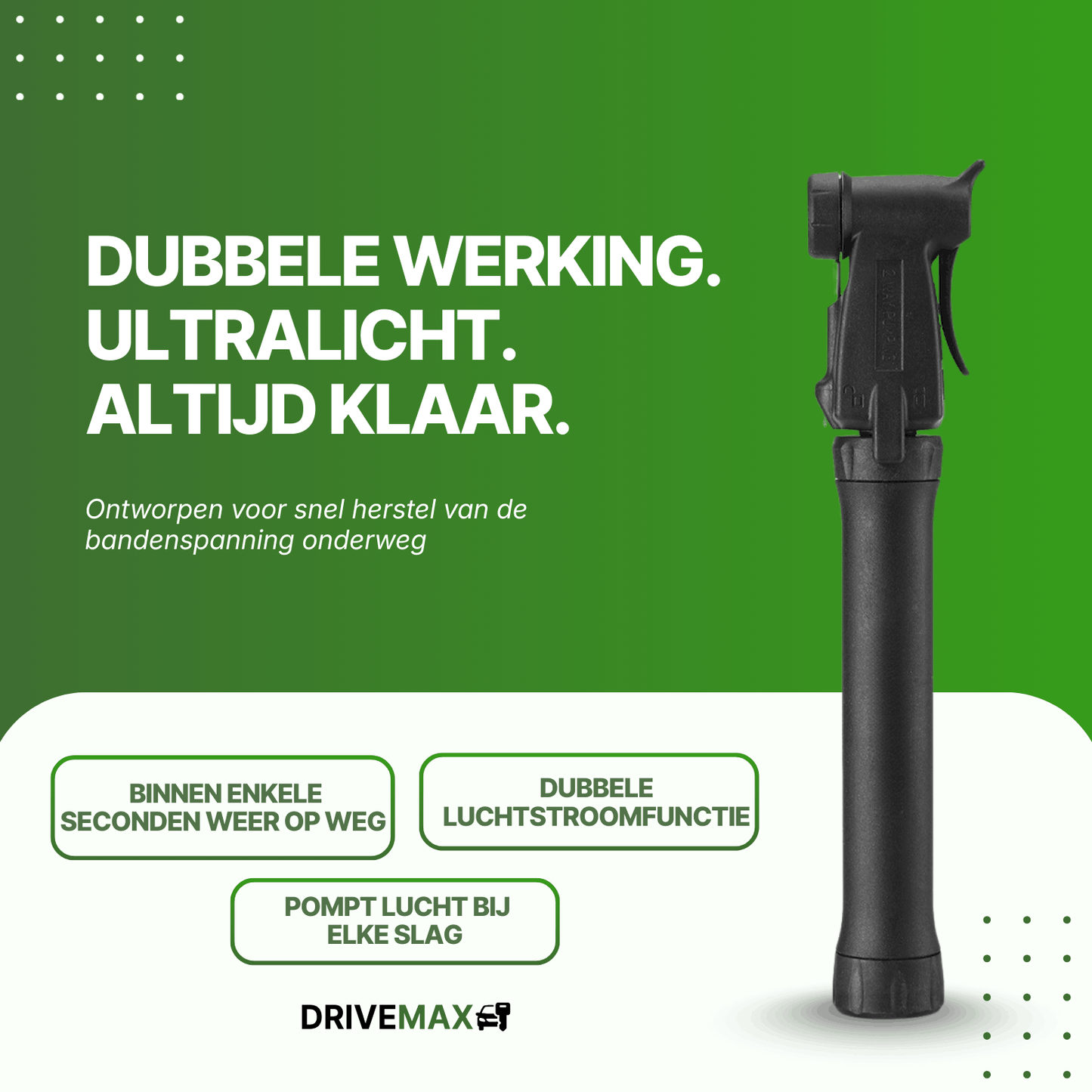 Black DriveMax bicycle pump front view on a green promotional background.