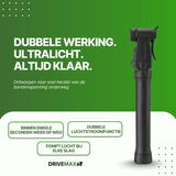 Black DriveMax bicycle pump front view on a green promotional background.