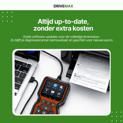 DriveMax OBD2 scanner connected to a laptop next to a printer with a printed document.