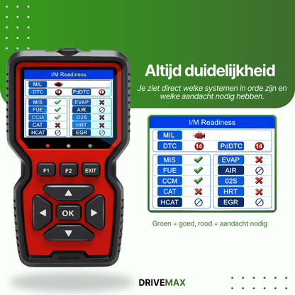 Red-black DriveMax OBD2 scanner with I/M Readiness screen display on the front.