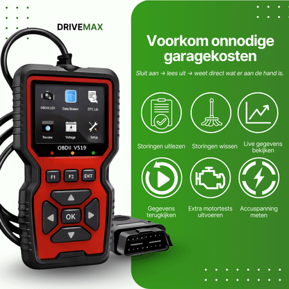 Red-black DriveMax OBD2 scanner V519 with screen, buttons, and connected OBD plug.
