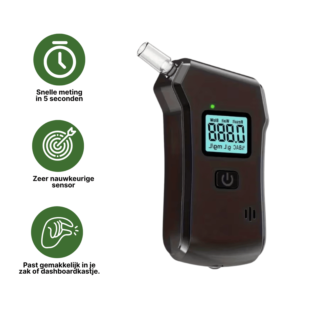 Black DriveSafe breathalyzer with illuminated display, compact design, and visual explanation of functions.