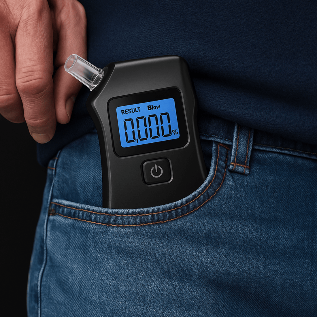 Compact DriveSafe breathalyzer with blue illuminated screen, visible when placed in a trouser pocket.