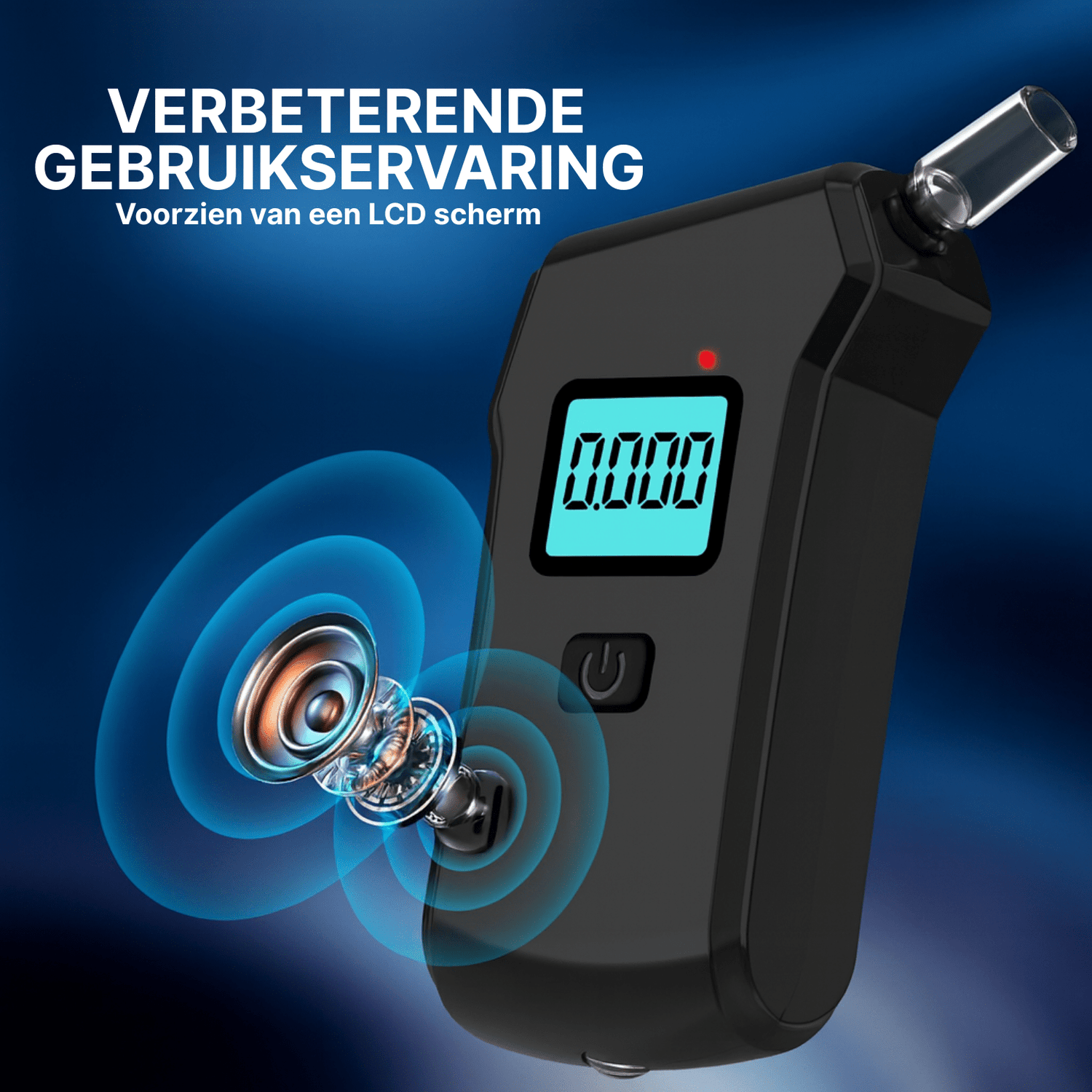 Zwarte DriveSafe alcoholtester met LCD scherm en visuele weergave van de interne sensor.