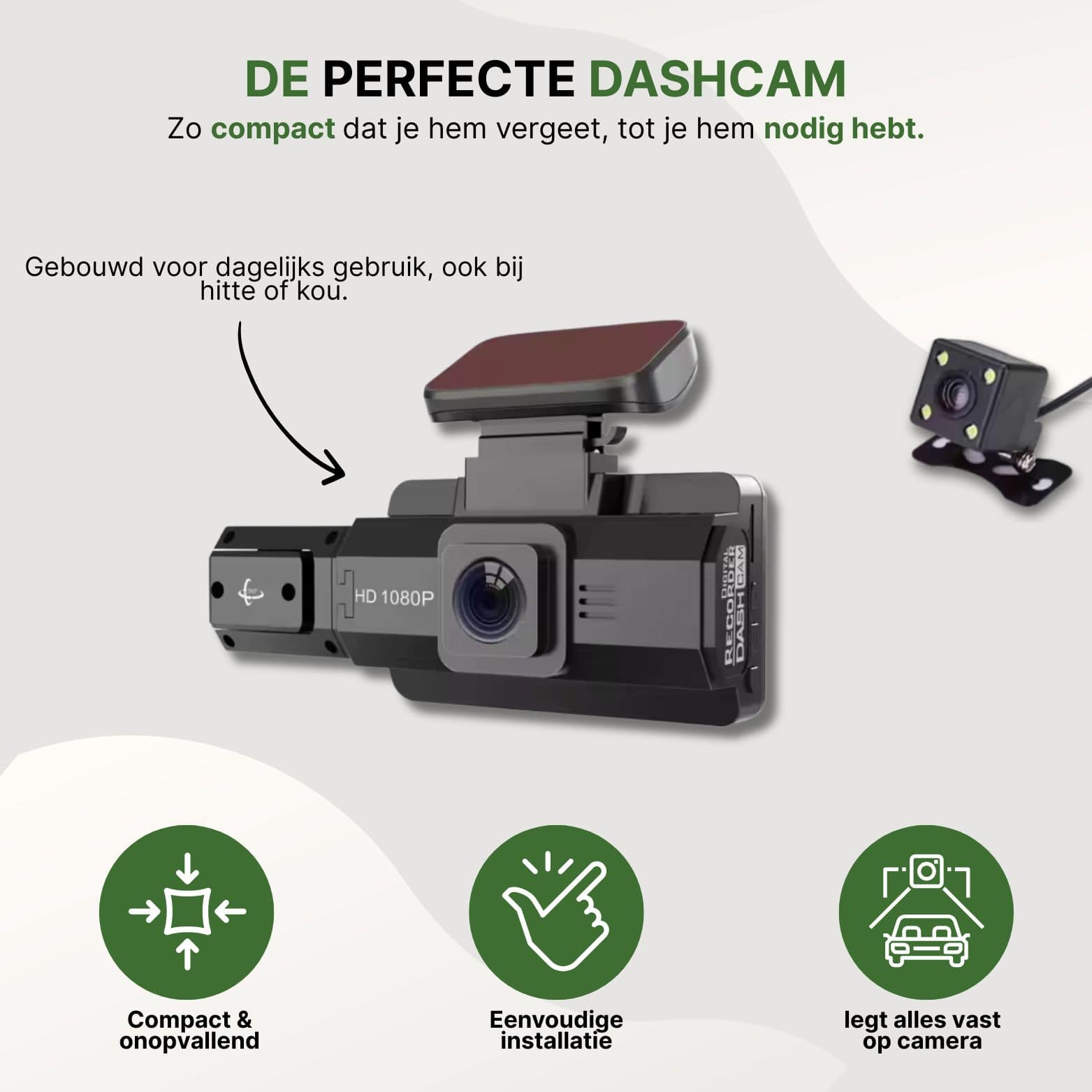 Compacte DriveVision dashcam met HD lens en achtercamera, geschikt voor dagelijks gebruik bij elk weer