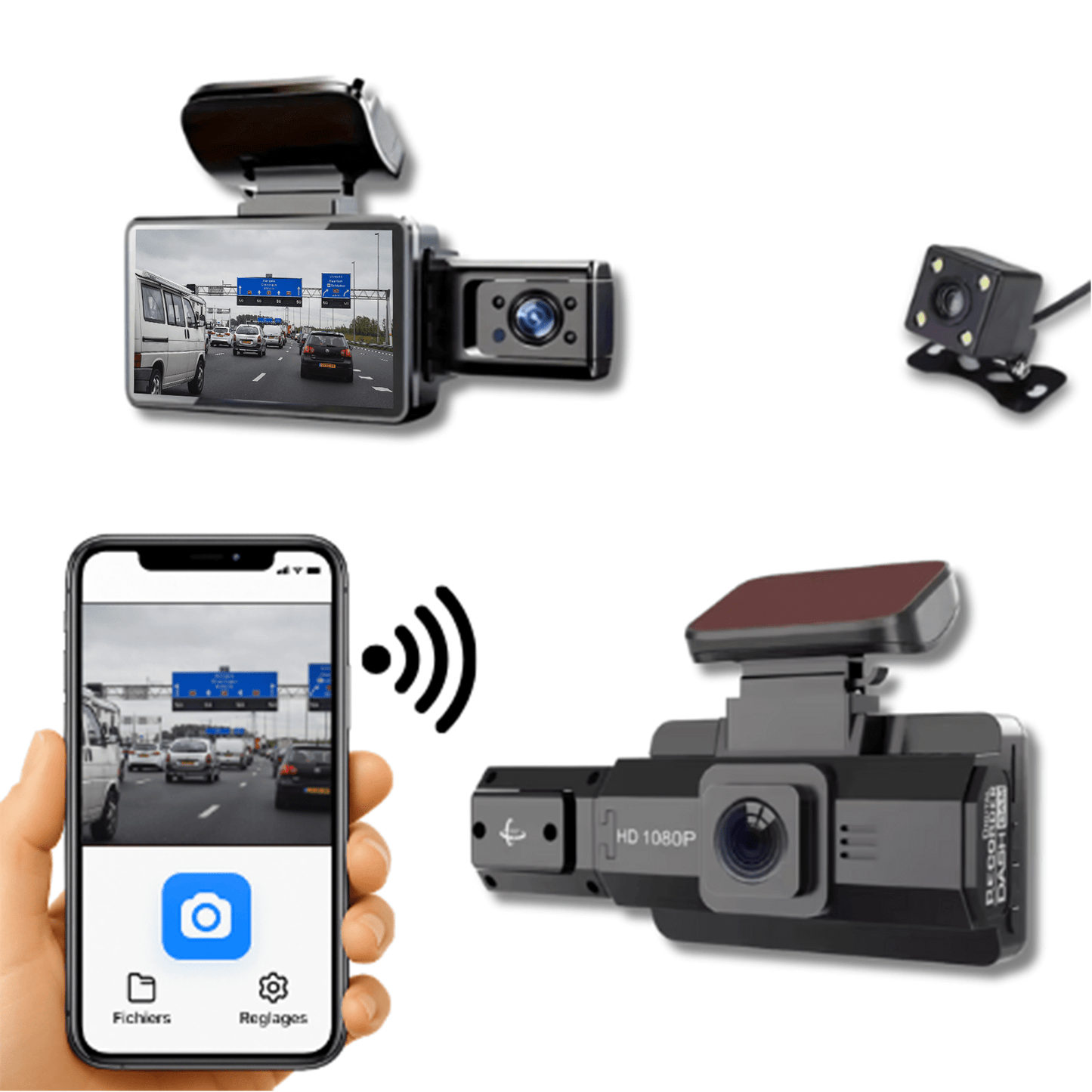 Zwarte DriveVision dashcam met wifi, achtercamera en live beeld op smartphone tijdens autorit