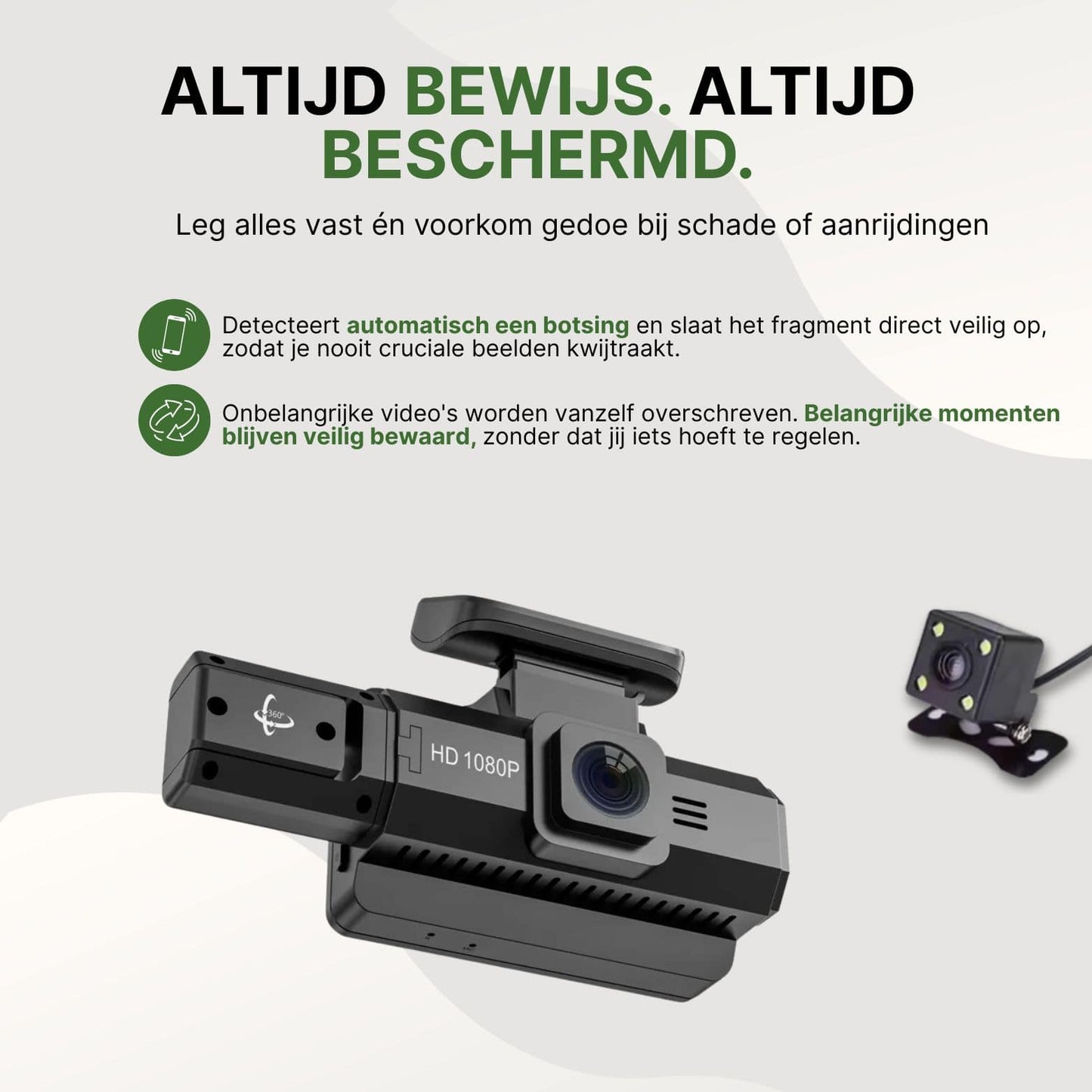 DriveVision dashcam met 1080p opname detecteert botsingen en slaat belangrijke beelden automatisch veilig op