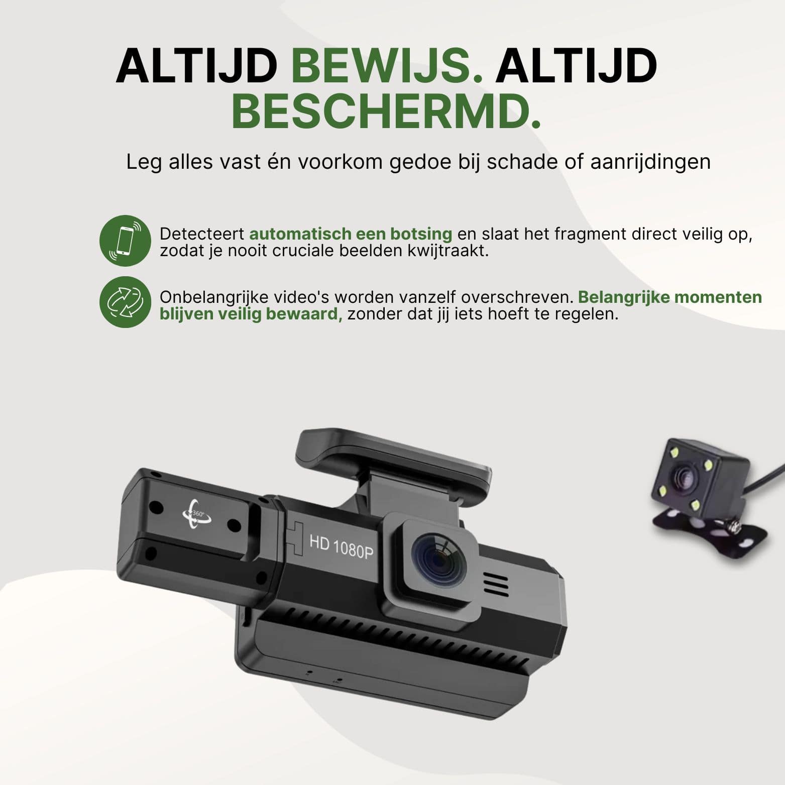 DriveVision dashcam met 1080p opname detecteert botsingen en slaat belangrijke beelden automatisch veilig op