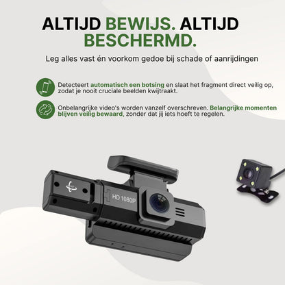 DriveVision dashcam met 1080p opname detecteert botsingen en slaat belangrijke beelden automatisch veilig op