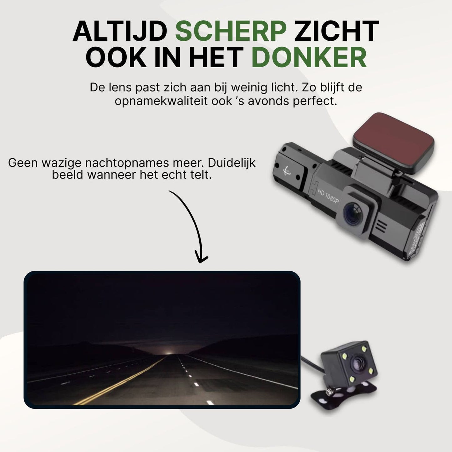 DriveVision dashcam met nachtzicht toont scherp beeld van donkere snelweg en compacte achtercamera