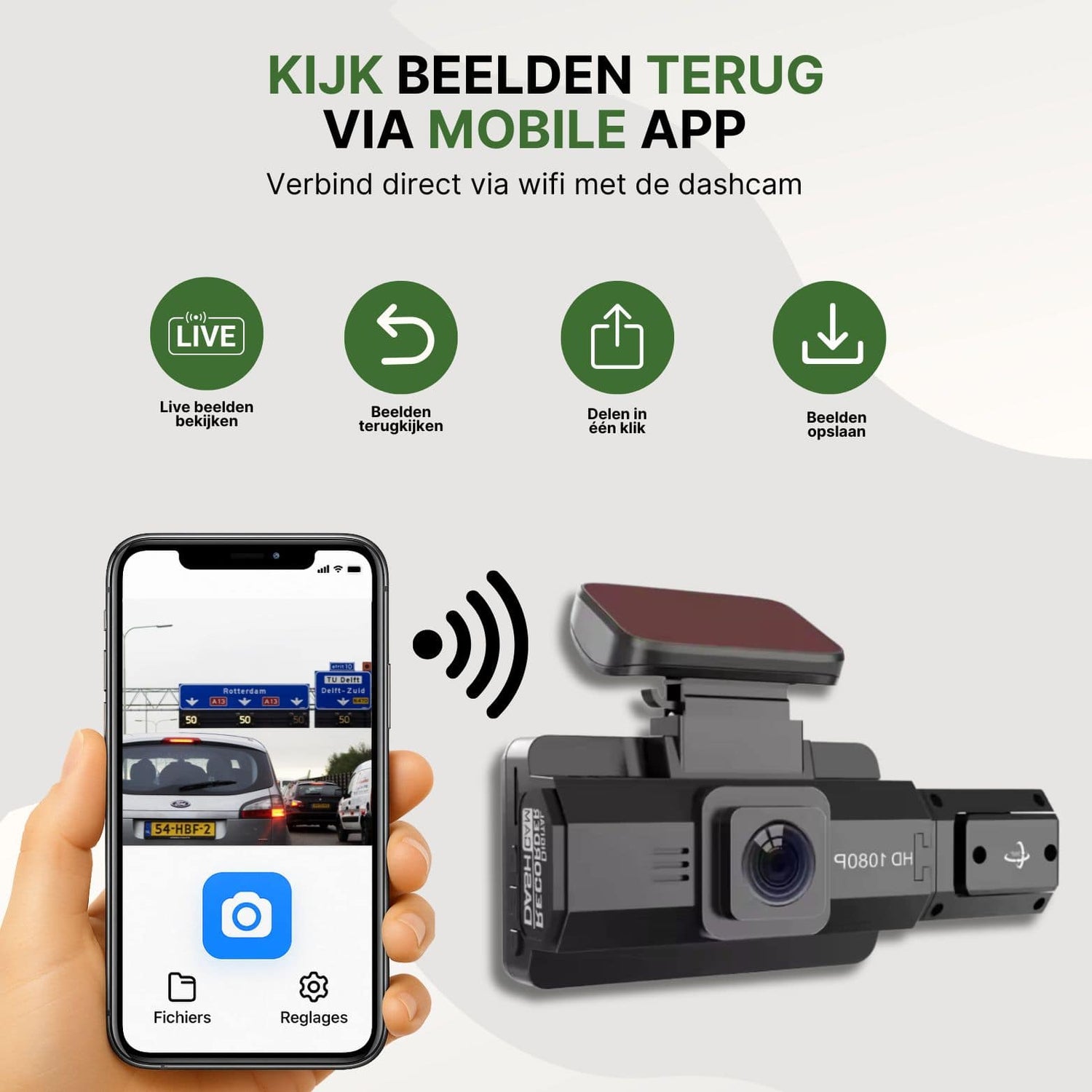 DriveVision dashcam verbonden via wifi met smartphone voor live beelden en video terugkijken via app