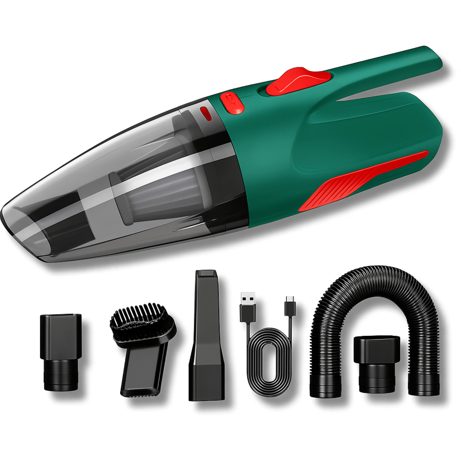 Green-red Dustero car vacuum cleaner with attachments, brush, USB cable, and flexible hose for car interior.