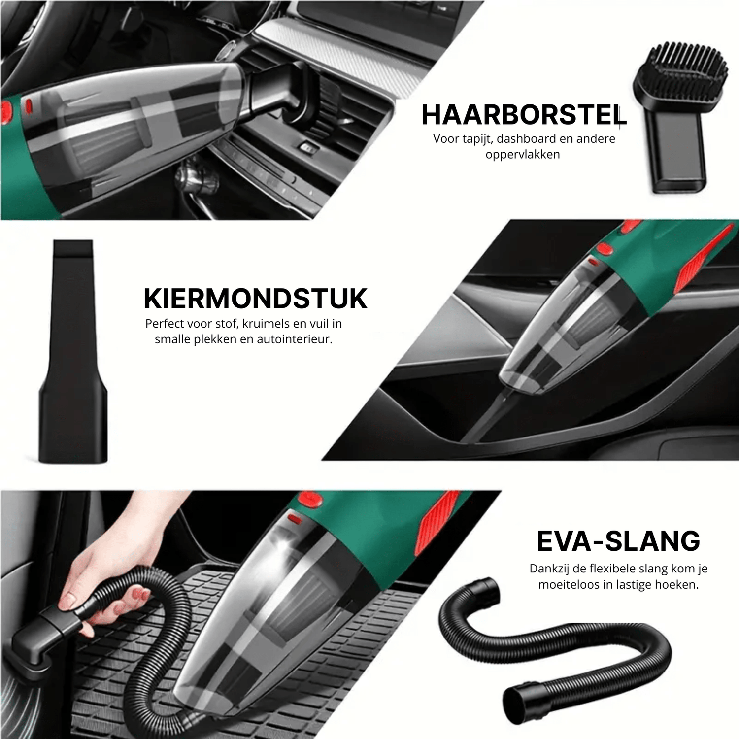 Draadloze autostofzuiger in gebruik met kiermondstuk, haarborstel en flexibele EVA-slang in auto-interieur.