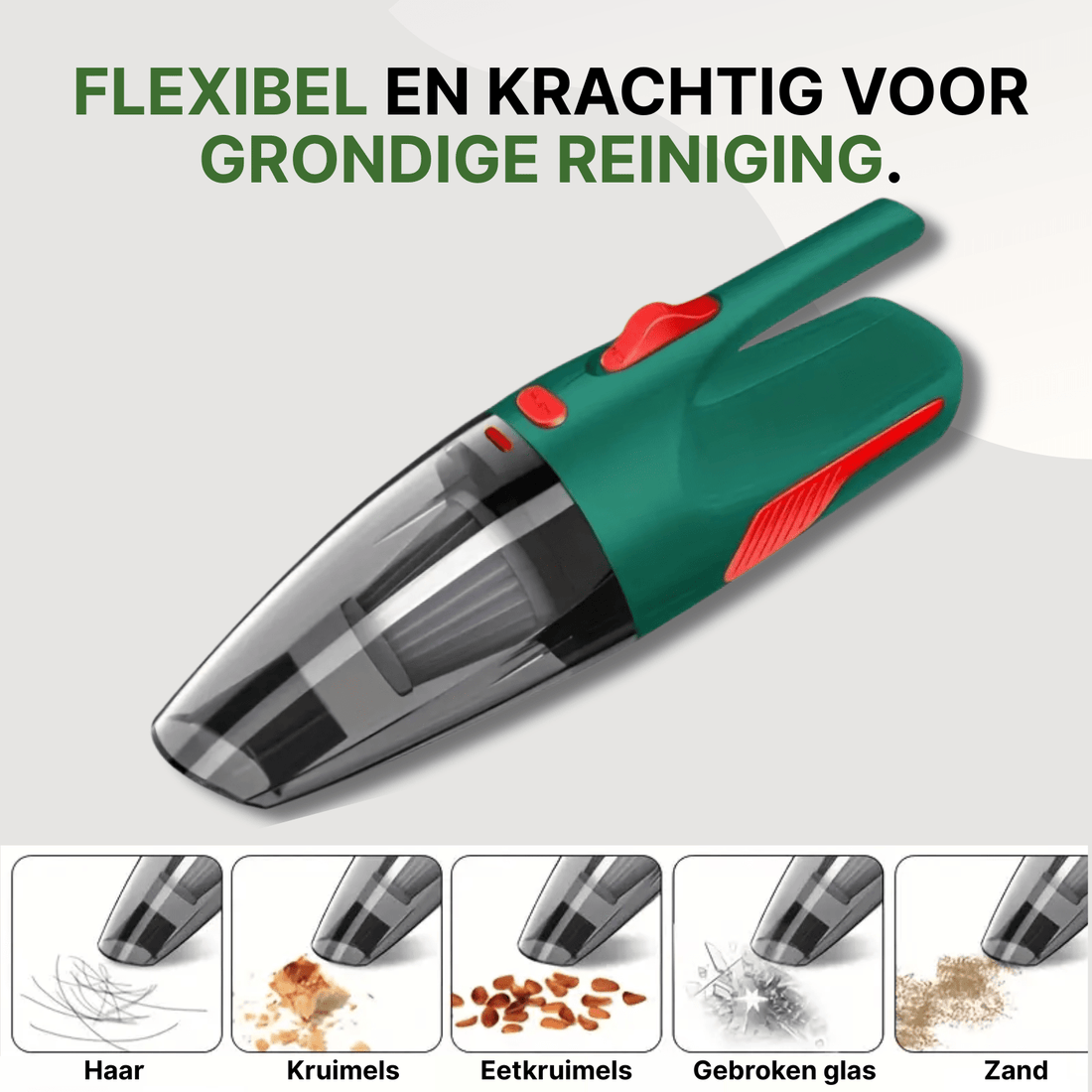 Green cordless car vacuum cleaner with red accents, suitable for hair, crumbs, glass, and sand on a light background.