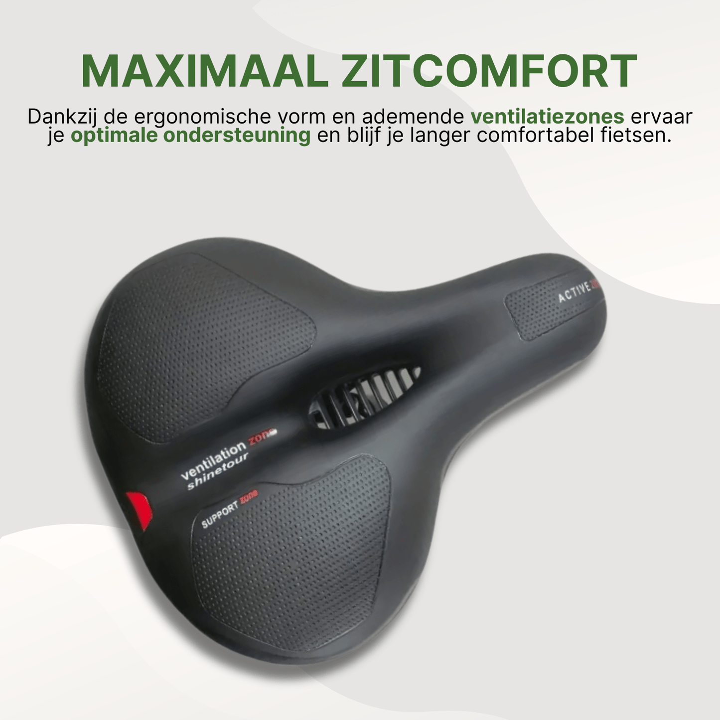 Zwart ergonomisch fietszadel met ventilatieopening en antislip zitkussens voor maximaal zitcomfort.